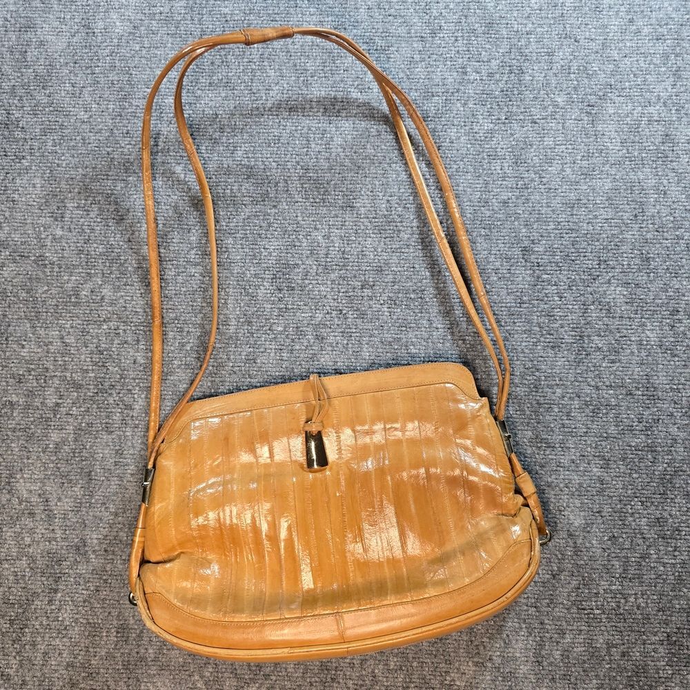 Vintage Genuine Eel Skin Shoulder Bag Tan Glossy Leather Purse Retro 90s